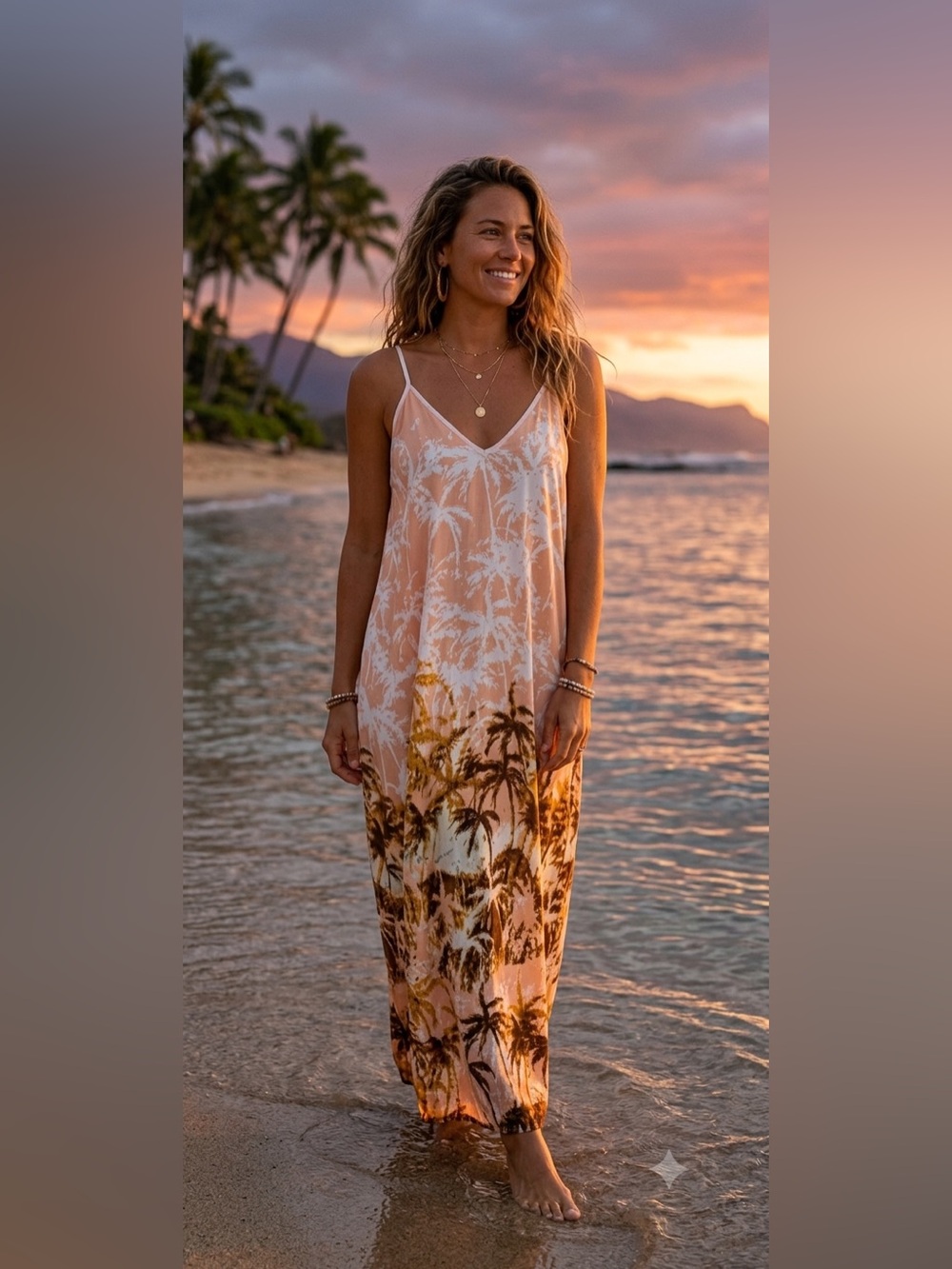 Lovestitch Tropical Palm Tree Maxi Dress S/M Peach Slip V-Neck Boho Resort